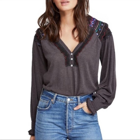 Free People Siesta Fiesta Top Embroidered
Henley Shirt Dark Grey Sz XS - Picture 1 of 12
